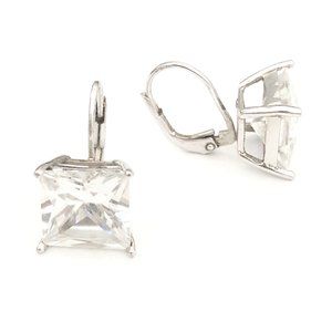 10mm Big Square 925 Sterling Silver Loop Earrings with Clear CZ